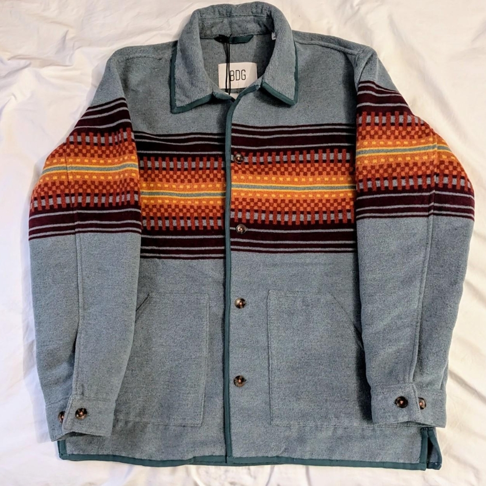 (L) BDG by Urban Outfitters Talk Blue Multicolor Geometric Print Striped Jacket